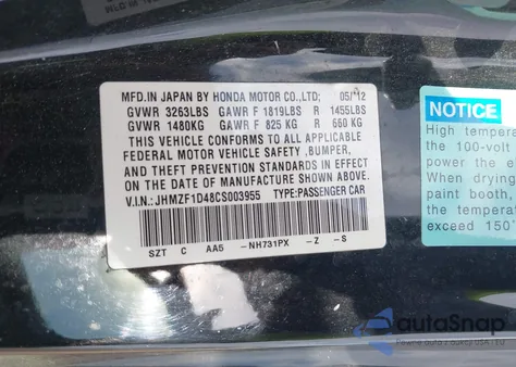 2012 Honda Cr-Z z USA, uszkodzony, nr VIN JHMZF1D48CS003955